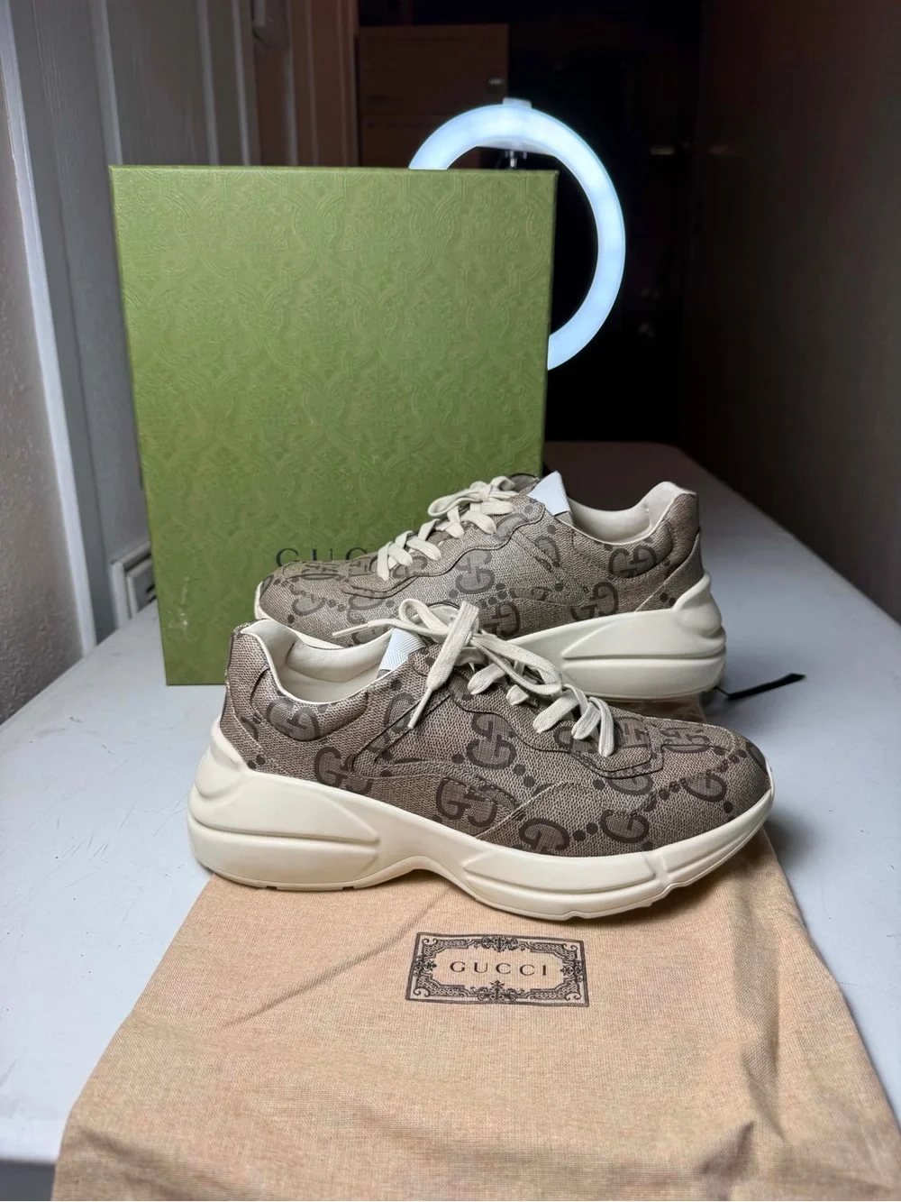 Gucci GG Rhyton 100 Beige Monogram Sneaker Men’s Sz 9 G /US 10 with box